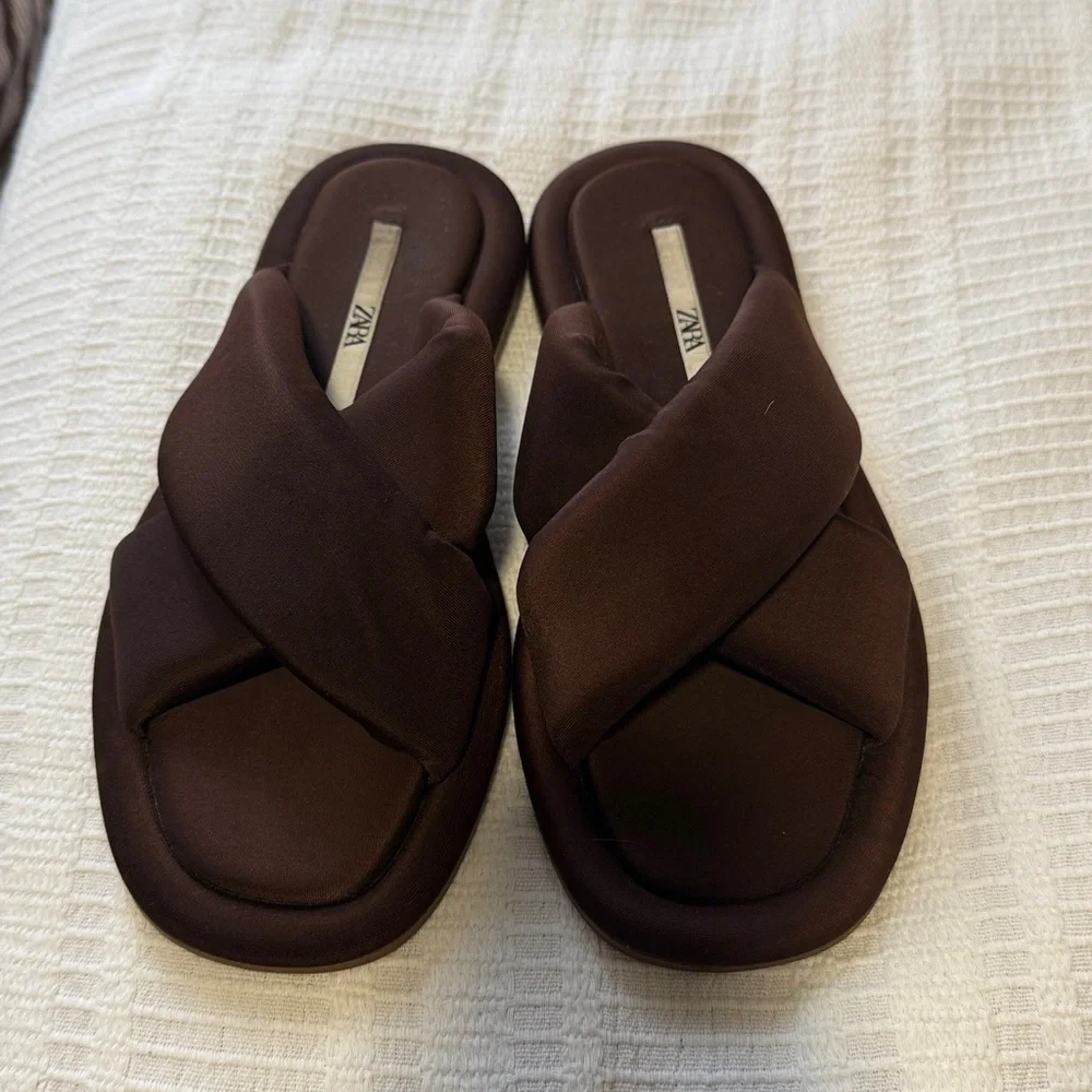 ZARA Chocolate Brown Padded Slide Sandals - Picture 2 of 4